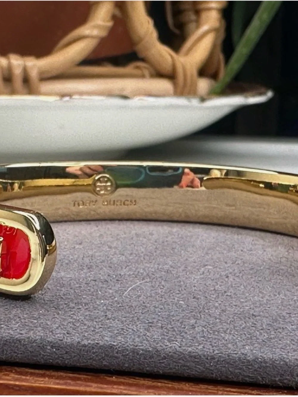 Tory Burch Enamel Raised Logo Stacked T Cuff Bangle Bracelet; Red/Gold -Size 6.5